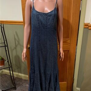Vintage Blue Denim Maxi Dress with Wide Mermaid Bottom & Spaghetti Straps
